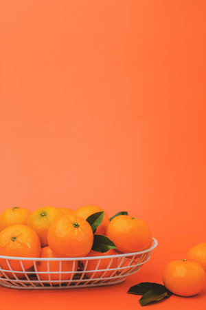 the vertical view of orange in the basket on bright orange background. with copy spaceの写真素材
