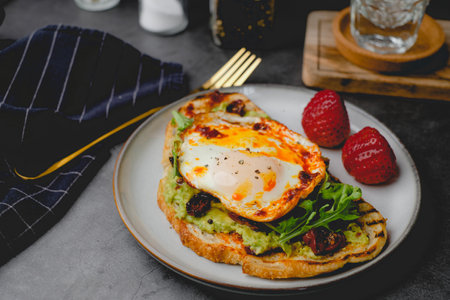 sourdough toasted with avocado and arugula. healthy eating concept.の写真素材