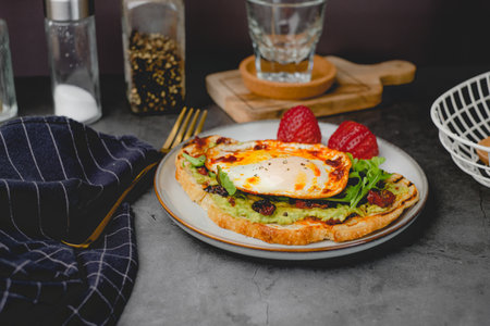 healthy breakfast with egg and avocado. vegan food and healthy eating concept.の写真素材