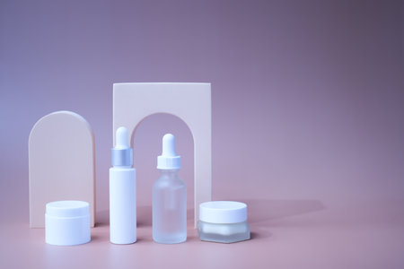 Beauty products on a beauty purple background. clean cosmetic and spa concepts.の写真素材