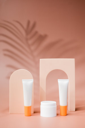 Sunscreen and beauty products on a beauty background. clean cosmetic and sunscreen concept.の写真素材