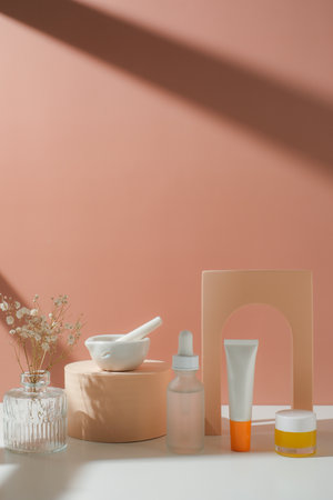 skincare and suncare with pestle and mortar and flower. horizontal with sunlight and shade.の写真素材
