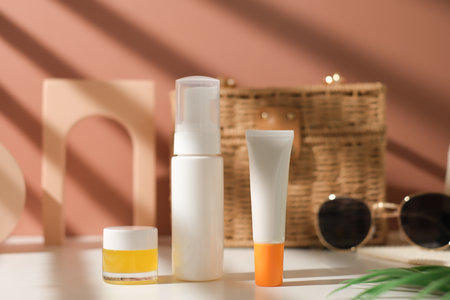 mock up skincare and suncare packaging including bottle, tube, and jar. summer beauty and fashion concept.の写真素材