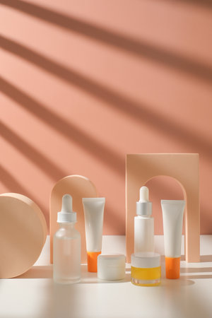 Skincare, cosmetics, and sunscreen for summer. Cosmetic packaging mockup and beauty concept.の写真素材