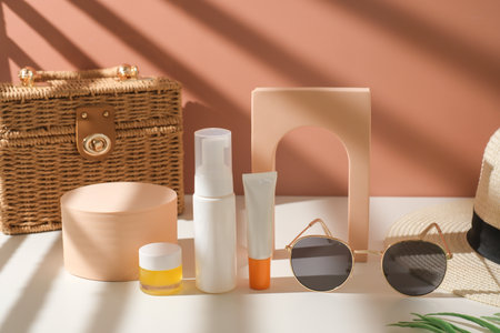 sunscreen and suncare with lip balm for summer beauty and fashion.の写真素材