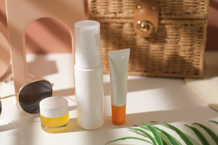 close-up suncare and sunscreen products and lip balm for summer beauty.の写真素材