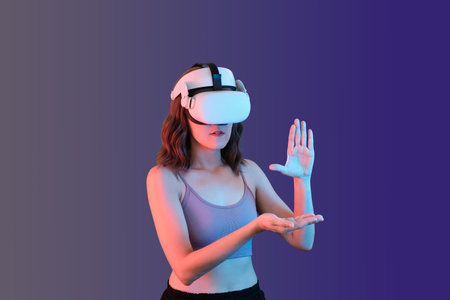 women wear VR or virtual reality. futuristic technology.の写真素材