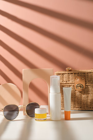 skincare product with bag and sunglasses for summer care and beauty and fashion concept.の写真素材