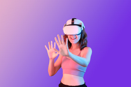 woman on new vr or virtual reality to metaverse and future technology.の写真素材