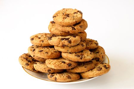 Plate of chocolate chip cookies isolatedの写真素材