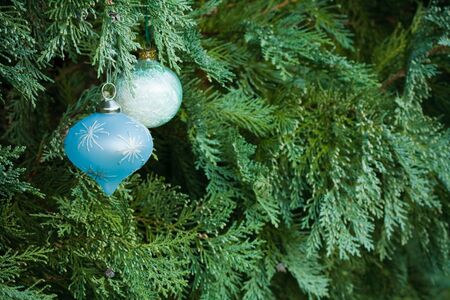 Christmas decorations hanging in a real christmas tree with lots of copy spaceの写真素材