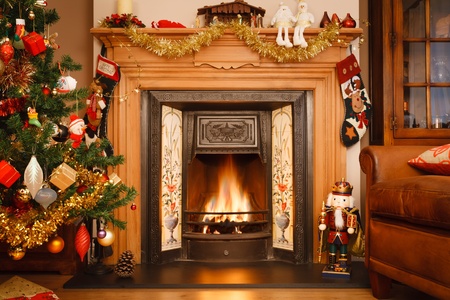 Christmas fire place in a living roomの写真素材