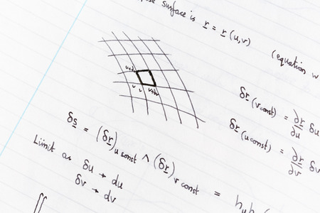 Surface integration equations and diagram handwritten on lined paperの写真素材