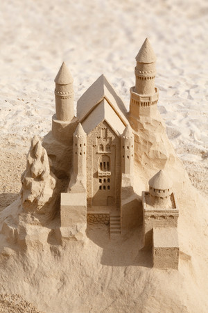 FUERTEVENTURA, SPAIN - CIRCA 2013: Artistic sandcastle art on a beach in Fuerteventura, Canary Islandsのeditorial素材