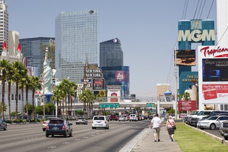 Las Vegas, USA - May 19, 2012. New York New York Hotel, Excalibur Hotel, and MGM Grand Hotels on The Strip, Las Vegas Boulevard. All three hotels are owned and operated by MGM Resorts Internationalのeditorial素材