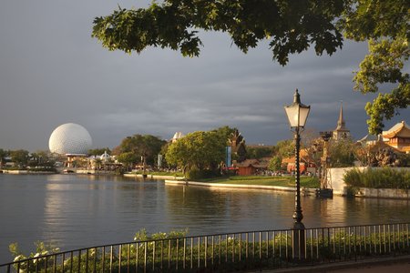 Orlando, USA - March 22, 2009. The sun sets on the World Showcase Lagoon at Epcot Center Theme Park,...