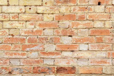 Detail of old brick wall, distressed and faded. Ideal for grunge background textureの写真素材
