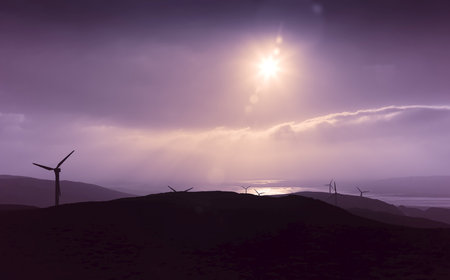 Wind turbines in a wind farm on the west coast of England, a source of renewable energy. Cumbria, UKの写真素材