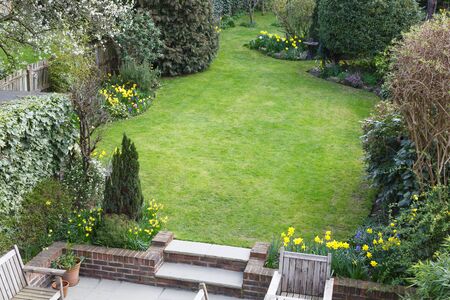 Lawn of a suburban back garden in London England, viewed from aboveの写真素材