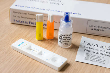 BUCKINGHAM, UK - October 30, 2020. Covid coronavirus antibody testing kit. Imperial College London REACT COVID-19 in-home antibody testing research study.のeditorial素材