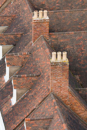 Roof of a row of old terraced houses in Warwick, UK, viewed from above