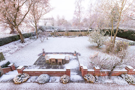 Snow covered garden in winter, UK. Large country backyard or garden in wintry sceneの写真素材