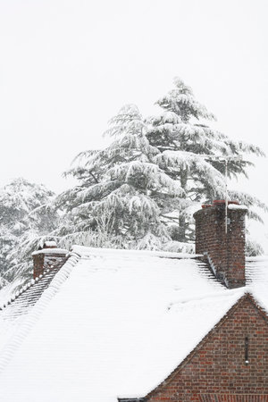 Winter scene with snow on the roof of a suburban house during a snow storm in London, UKの写真素材