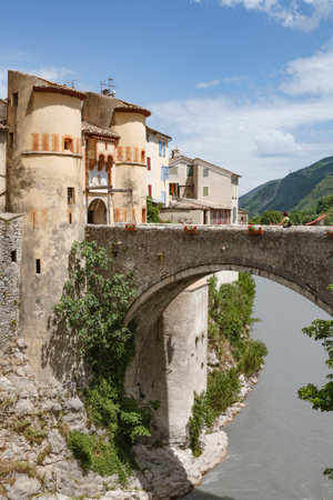 ENTREVAUX, FRANCE - June 12, 2010. Entrance to Entrevaux, ancient fortified village in Alpes-de-Haute-Provence, Franceのeditorial素材