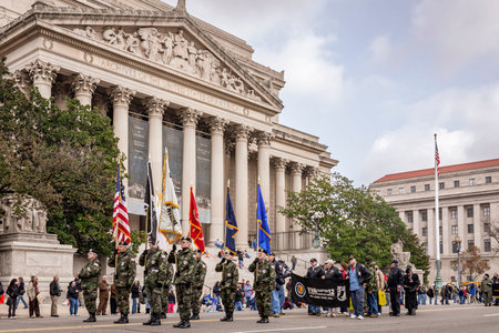 WASHINGTON, DC - November 10, 2007. Vietnam veteran soldiers in Veterans Day parade, outside the National Archives building, Washington DCのeditorial素材