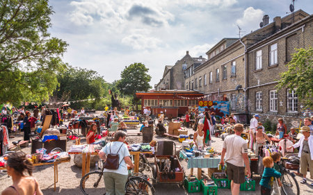 COPENHAGEN, DENMARK - June 18, 2006. Busy flea market in Freetown Christiania, an intentional commune and major tourist attraction in Copenhagen Denmarkのeditorial素材