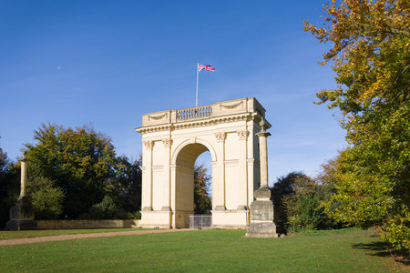 The Corinthian Arch, a historic landmark outside the South gate of Stowe House in Buckinghamshireの写真素材
