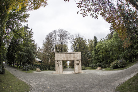Constantin Brancusi's Kissing Gate  Fisheye viewの写真素材