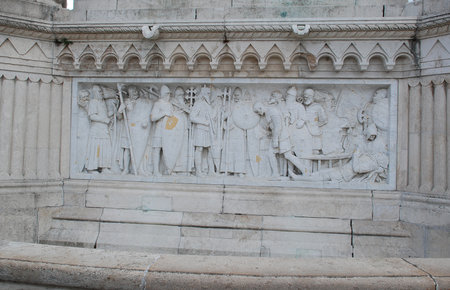 Budapest, Hungary - June 21, 2011: King Stephen monument details in the Fishing Bastion in Budapestのeditorial素材