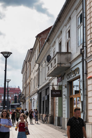 CLUJ-NAPOCA, TRANSYLVANIA, ROMANIA - AUGUST 21, 2018:  Old buildings in downtown on August 21, 2018 in  Cluj-Napoca.のeditorial素材