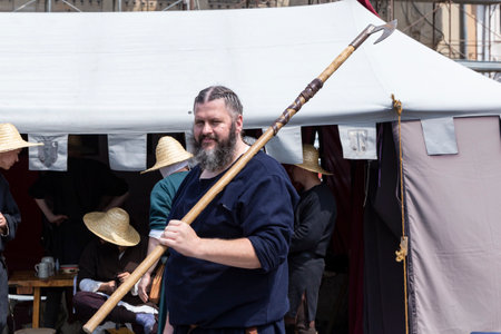 Craiova, Dolj County, Romania â May 14, 2022:  Fighter in authentic historical clothing at a medieval festival Michael le Brave . Reconstruction of a medieval battle.のeditorial素材