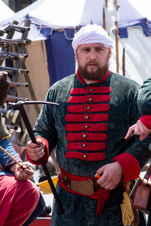 Craiova, Dolj County, Romania â€“ May 14, 2022:  Fighter in authentic historical clothing at a...