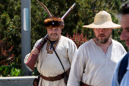 Craiova, Dolj County, Romania â May 14, 2022:  Fighter in authentic historical clothing at a medieval festival Michael le Brave . Reconstruction of a medieval battle.のeditorial素材