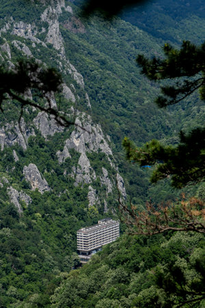 Baile Herculane ( Herculane Bath ), Romania - June 13, 2022: View of  Hotel Roman located in the old area of the city Baile Herculane, Caras-Severin, Romaniaのeditorial素材