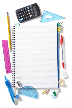 Back to School pupils note pad and stationary on white school desk from aboveの写真素材