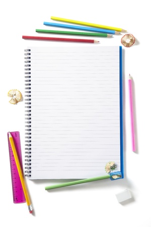 Back to School pupils art pencils and pad on white school desk from aboveの写真素材