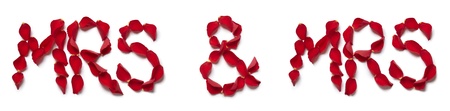 Red rose petals spelling mrs and mrs on white backgroundの写真素材