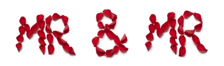 Red rose petals spelling mr and mr on white backgroundの写真素材