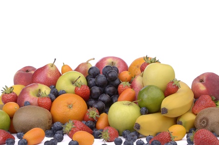 Different kinds of fruits , white background, perspectiveの写真素材