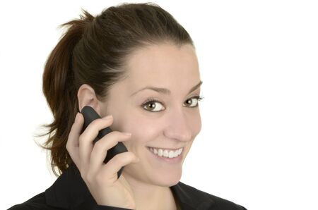  business woman with smart phone talking before white background, stuido shot, isolatedの写真素材