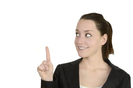 Young business woman presenting free copy space, studio shot, isolatedの写真素材