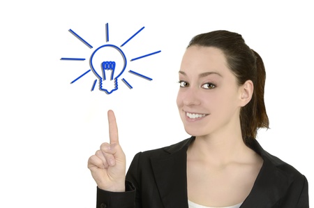 young woman flash of genius, illustrative light bulb, isolated, studio shotの写真素材