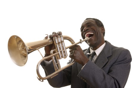 Afroamerican Jazz Musician with Flugelhorn, Studio Shotの写真素材