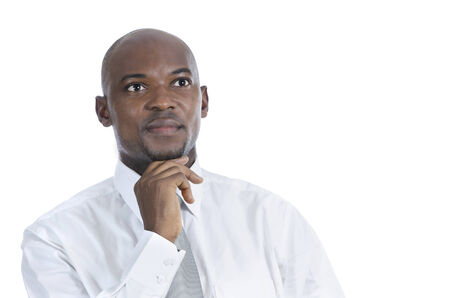African business man thinking, isolated, Studio Shotの写真素材