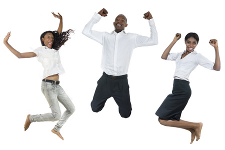 Three african people jumping high, studio shotの写真素材