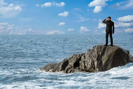 Observing one on rocks in the sea, montageの写真素材